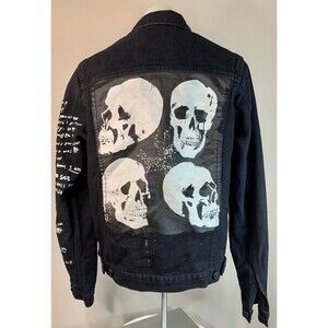 Reason Denim Jean Jacket Unisex Small Button Front Dark Black Punk Graphic Skull
